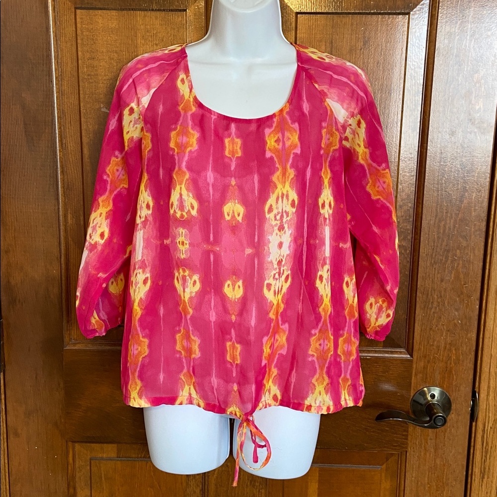 Ariat hot pink, yellow, and orange sheer blouse tie at the bottom Size Small